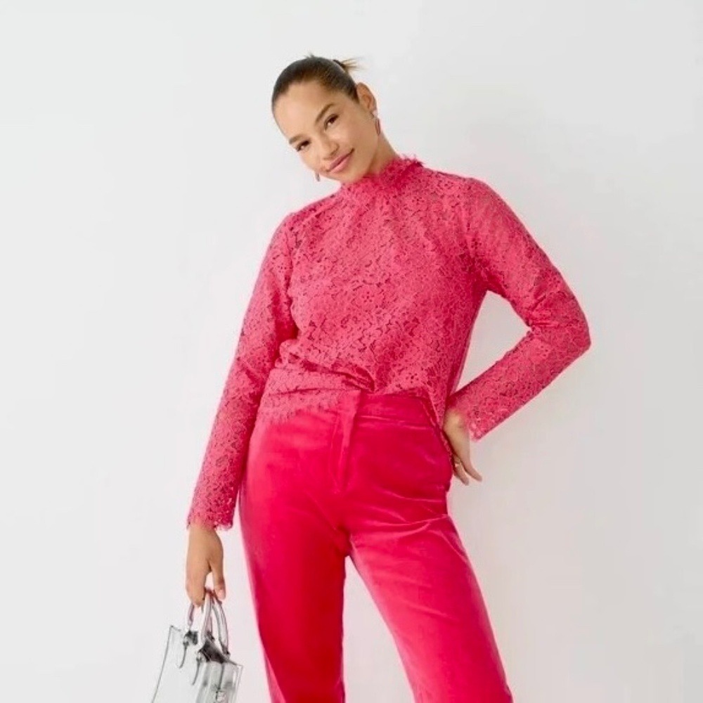 NWT!! J. CREW Scalloped Lace Mockneck Top Blouse Dragon Fruit Pink Size 14‎